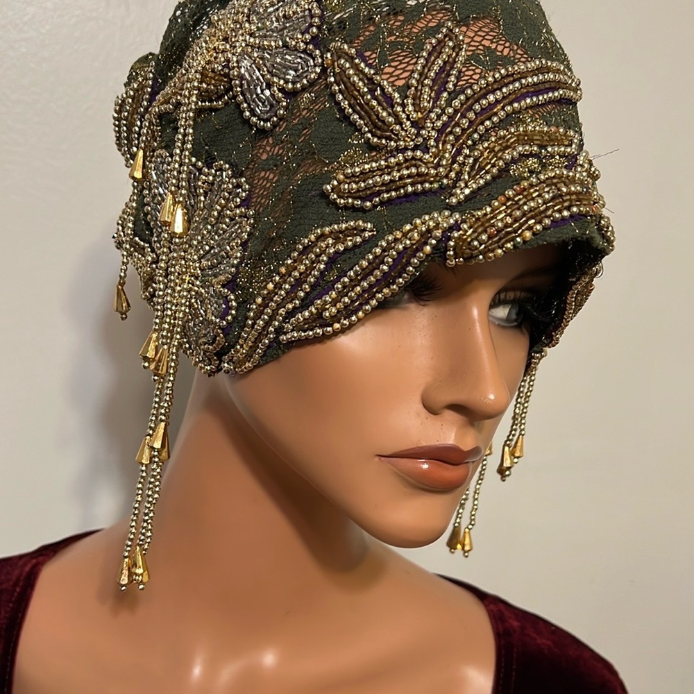 Beaded  Flapper  Hat Vintage-Inspired Beaded Headpiece in Olive and Gold